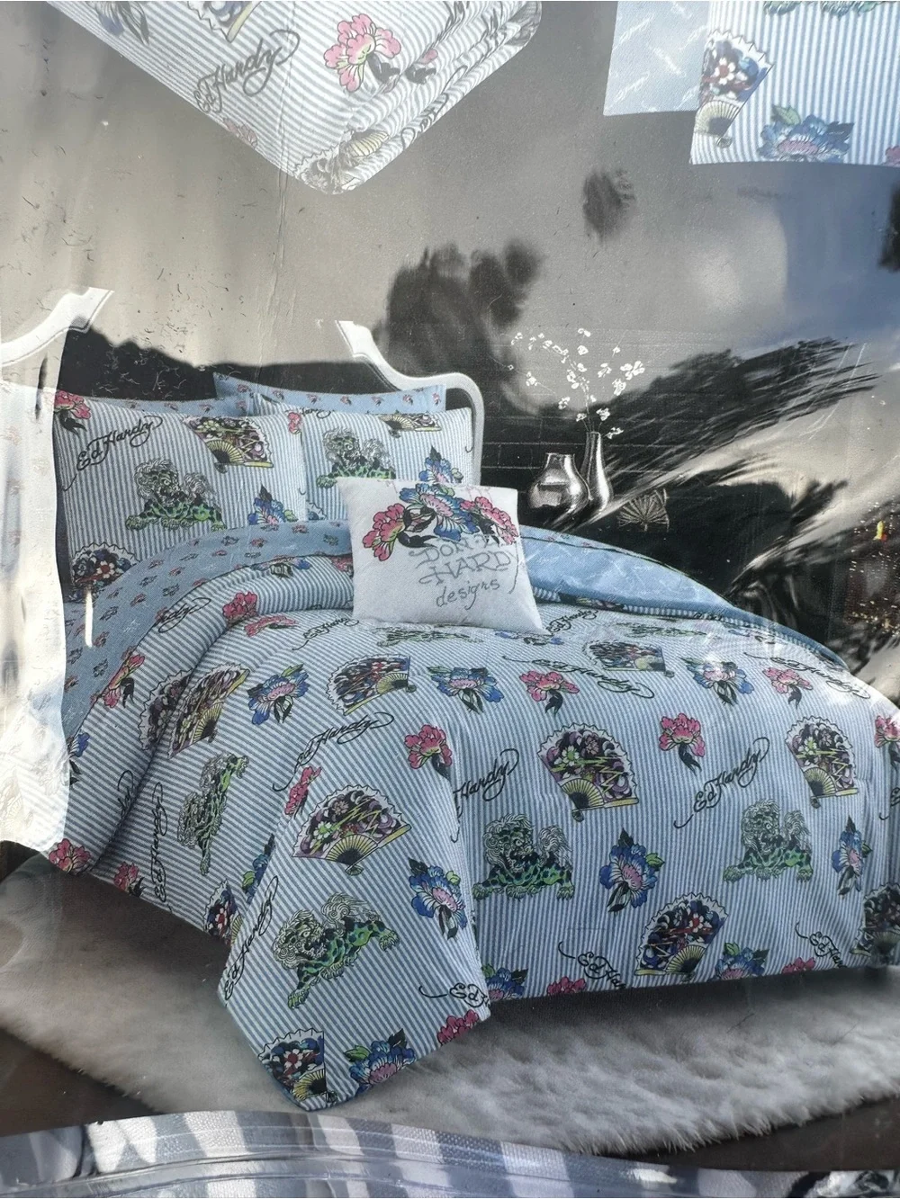 Ed Hardy 8 Piece King Reversible Bedding Set NIP Blue Floral Striped Comforter
